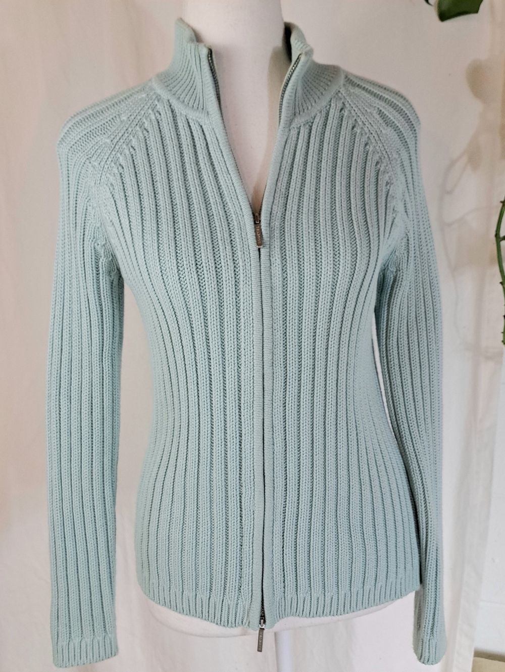 Talbots Cotton Rib Knit Mock Neck Full Zip Cardigan Sweater Jacket Sz S Petites
